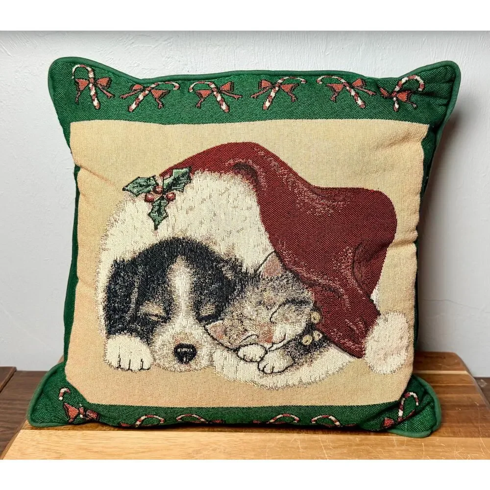 Vintage Newport Christmas Tapestry Pillow | Puppy Kitten Santa Hat Holiday Decor